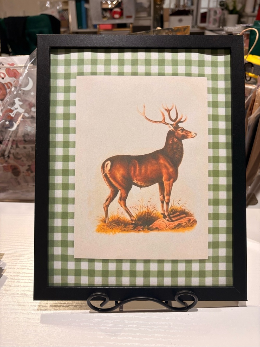Framed Deer / Stag 8x10 Art Print with Green Gingham Background